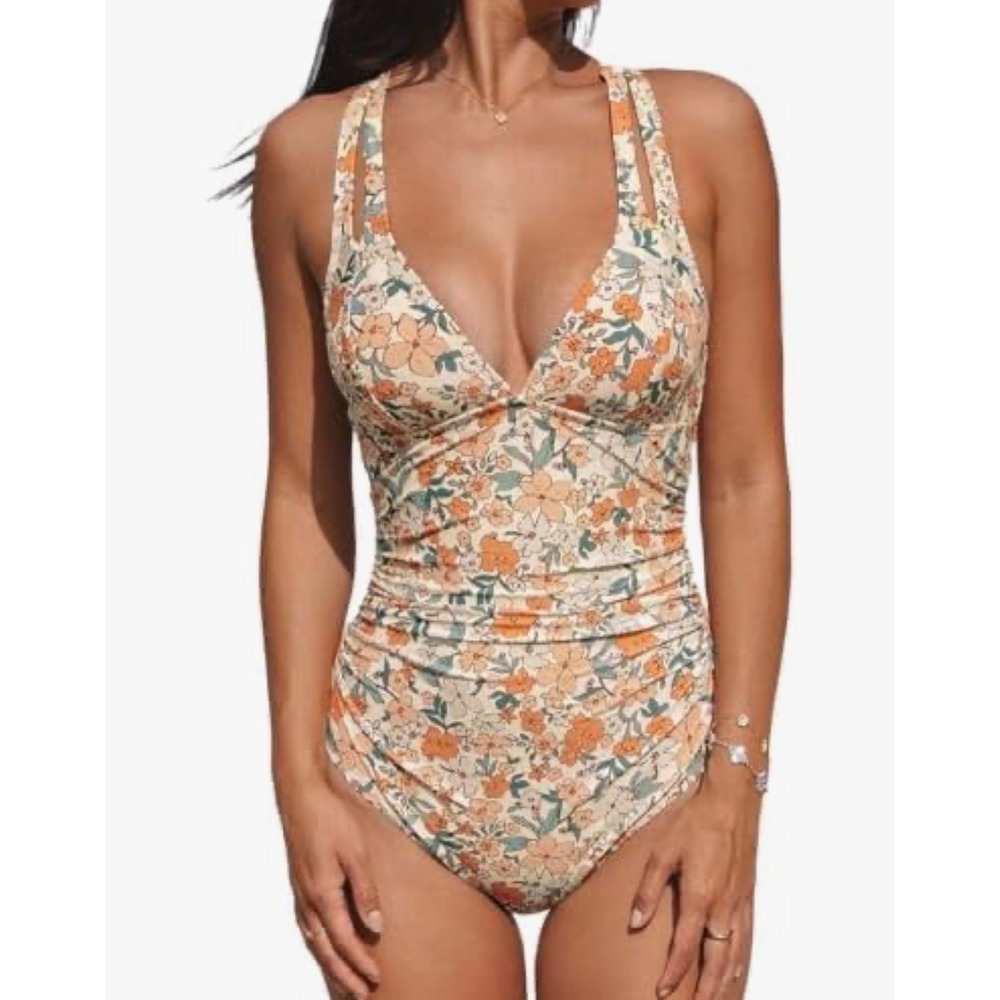CUPSHE Women Floral One Piece Swimsuit Orange Yellow Blue V-Neck Ruched XL